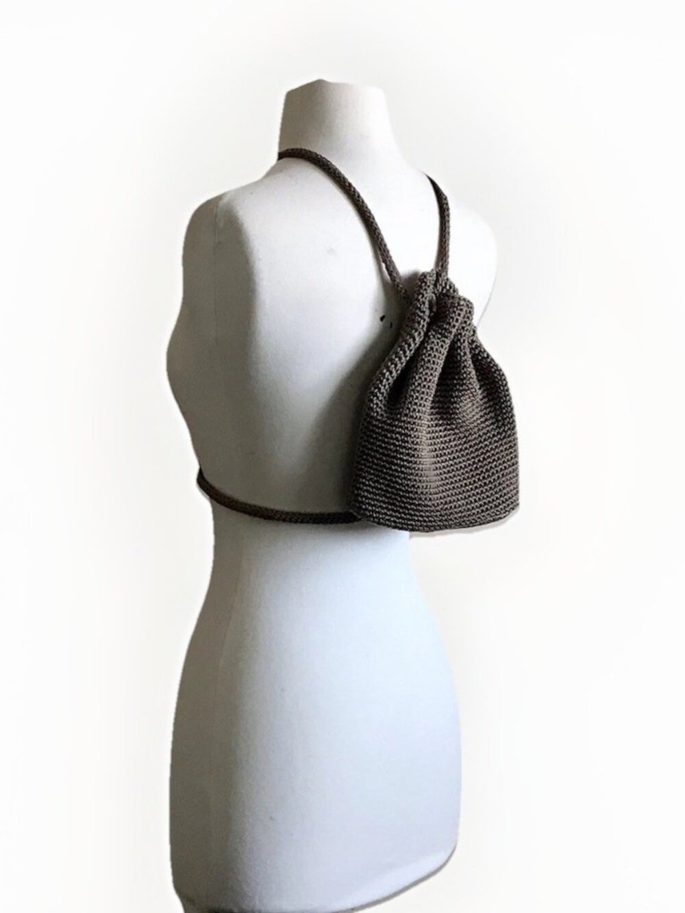 The Sak Drawstring Mini Backpack Purse Dark Stone Brown Crochet Bucket Bag‎